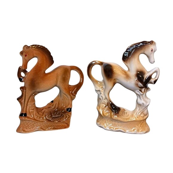 Vintage SET OF 2 Prancing Horse Lusterware Figurines Brown Cream Ceramic Brazil - Picture 2 of 5